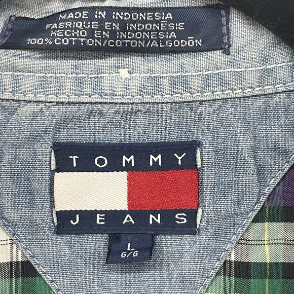 Vintage Tommy Jeans Shirt Mens Large Purple Green Tartan Plaid Button Down Logo - Picture 3 of 12
